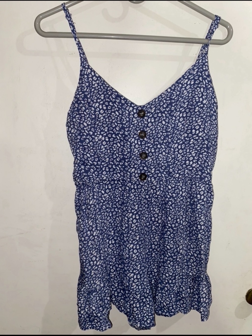 Blue Printed Spaghetti-Strap One-Piece Romper